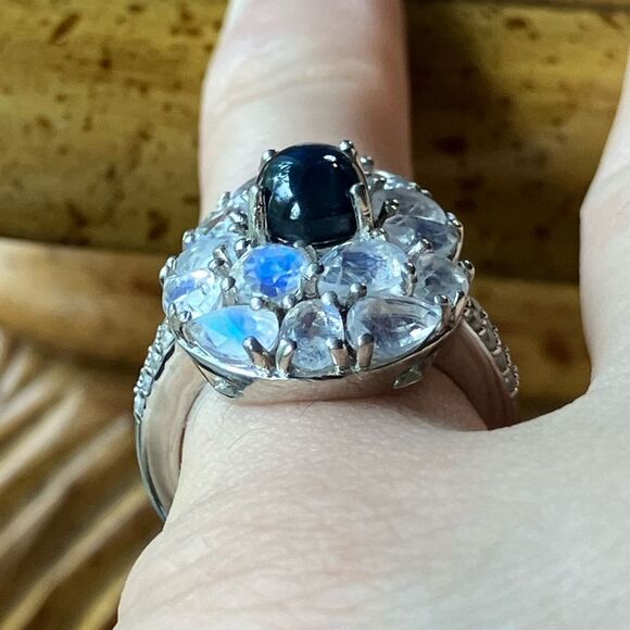 Natural Star Sapphire Rainbow Moonstone Sterling Silver Ring Size 5 - Picture 3 of 10